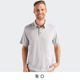 A grey polo shirt with a three-button placket and a logo. The model is smiling while standing against a plain background.