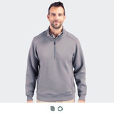 A man wearing a grey Cutter & Buck Roam men's half zip jacket, featuring a collar and a logo on the chest.