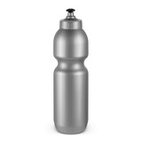 A drink bottle featuring a sleek silver design with a black nozzle cap.