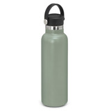 A drink bottle in a matte green finish with a black carry lid and a stainless steel band. Features a logo.