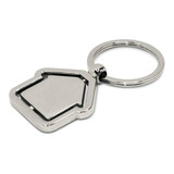 A metal key ring shaped like a house, featuring a shiny silver finish and a circular keychain attachment.