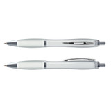 Two translucent pens in white and silver, featuring a sleek design and a silver clip, displayed side by side.
