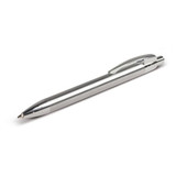 A sleek steel pen with a smooth finish, featuring a click mechanism and a textured grip for comfort.