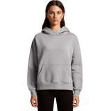 A grey hoodie with a front pocket and a hood, featuring a logo. Model wearing it has long hair.