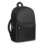 A black Bullet Backpack featuring a smooth exterior, a front zippered pocket, and a mesh side pocket.