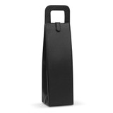 A black wine carrier bag with a handle and a sleek, minimalist design. It features a logo on one side.