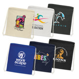 A collection of cotton drawstring backpacks in cream, navy, and black, featuring various logos and designs.