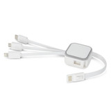 A sleek white Cypher Charging Cable featuring multiple connectors for different devices, with a compact design.
