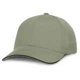 A cap with a soft khaki fabric and black trim, designed in a classic style.