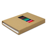 A sleek, brown box containing coloured pencils in various shades, with a window display for easy viewing.