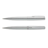A set of two silver metal pens with smooth finishes and clips, featuring branding on the barrel.