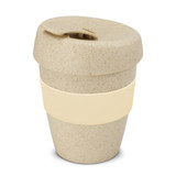 A drink bottle in a natural beige colour with a matching lid and a cream band. It has a logo on the side.
