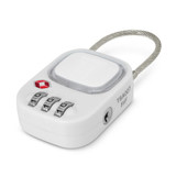 A white Zodiac TSA lock with a cable loop and a combination dial. It features a logo on the front.