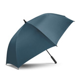 A teal umbrella with a curved handle and a sleek design. It features a branding logo on the handle.