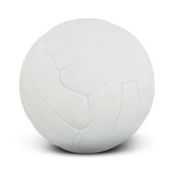 A white netball featuring a classic textured design and a round shape, with a branding logo visible.
