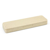 A beige pencil case made from textured material, featuring a simple design and a lid that closes securely.