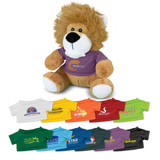 A lion plush toy with a brown body and a fluffy mane, wearing a purple T-shirt. Features various coloured T-shirts below it.