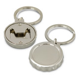 A drink bottle opener key ring in shiny silver, featuring a classic bottle cap design and a keyring attachment.