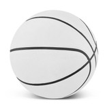 A white basketball featuring black detailing lines. The ball has a textured surface.