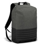 A grey backpack with a textured finish and black bottom, featuring two adjustable straps and a logo.
