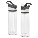 A drink bottle featuring a clear body with grey accents, a flip-top lid, and a reusable straw.