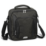 A green cooler bag featuring a zippered main compartment, front pocket, and adjustable shoulder strap. It has a logo.