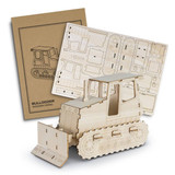A wooden bulldozer model in natural wood tones, with packaging and assembly sheets displayed behind it.