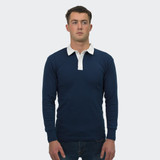 A unisex rugby jersey in navy blue with a white collar, featuring long sleeves and a branded logo.