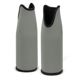 A drink bottle cooler in a muted green colour with a black trim, featuring a logo.