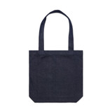 A dark denim tote bag with dual handles and a square bottom. It features a subtle logo on the front.