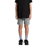 Youth stadium shorts in grey, displayed on a child wearing a black top and black shoes, with socks visible.