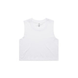 A white crop tank top with a round neckline and no sleeves, featuring a small logo.