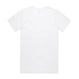 A white organic t-shirt with a plain back, featuring a logo on the label.
