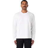 A white long-sleeve T-shirt with a round neckline, modelled by a man. It features a logo on the chest.