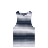 A striped singlet in navy blue and white, featuring a round neckline and a branding label.