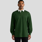 A long-sleeved rugby jersey in dark green with a white collar, featuring a subtle logo on the chest.