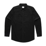A black cord shirt featuring a button-up design and two chest pockets, with a collar and long sleeves.
