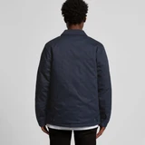 A navy work jacket with a simple design, featuring a collar and a logo on the back.