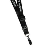 A black lanyard with a clip attachment and a branding logo. Suitable for exhibitions and events.
