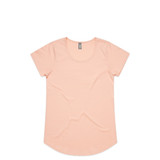 A light peach t-shirt with a round neckline and short sleeves. It features a tag and has a plain design.