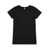 A black V-neck tee with short sleeves and a smooth fabric texture. It has a small logo.