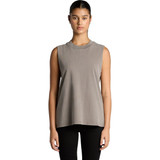 A sleeveless grey tank top featuring a relaxed fit and a logo on the front.