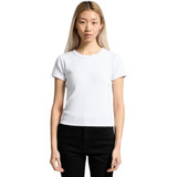 A fitted white ribbed T-shirt with short sleeves, displayed on a model against a plain background.