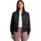 A black varsity bomber jacket with a snap button front, worn by a model. Features a logo on the chest.