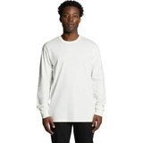 A long-sleeve white T-shirt featuring a logo, modelled by a person against a plain background.