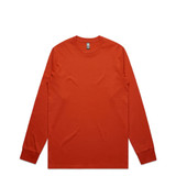 A long-sleeved t-shirt in a vibrant orange colour, featuring a label and branding.