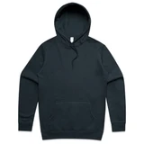 A dark green hoodie featuring a front pocket and a drawstring hood, with a branding label inside.
