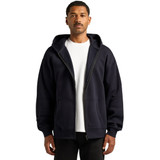 A navy zip-up hoodie is worn by a model, featuring a front zipper and a hood. The hoodie includes a logo.