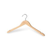 A wooden clothes hanger in natural colour with a silver metallic hook and a minimal logo.