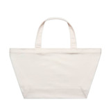 A large, cream-coloured tote bag with two handles and a logo on the front.